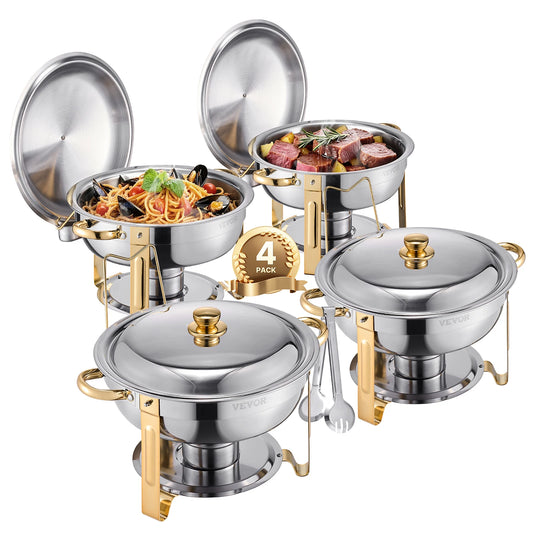 SucceBuy 5 Qt 4 Pack Chafing Dish Buffet Set Stainless Steel Chafer with 4 Full Size Pans Round Catering Warmer Server with Lid